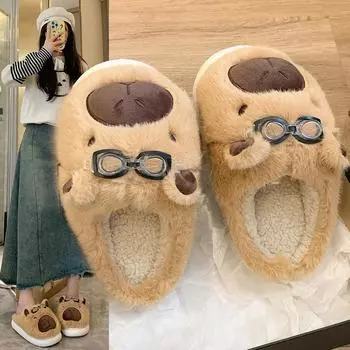 Fashion Cartoon Cute Glasses Baotou Hairy Shoes for Women 2024 Autumn/Winter New Design Comfortable and Warm Simple Slippers 36 бежевый