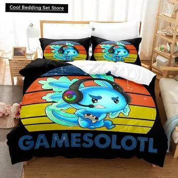 Fashion Cartoons Game Gamesolotl Axolochi Bedding Set Single Twin Full Queen King Size Bed Set Adult Kid Bedroom Home Textiles EU single(135x200cm)
