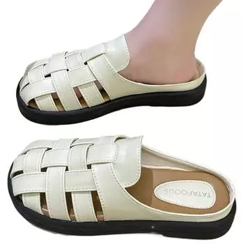 Fashion Casual Baotou Half Slippers Women Shoes Summer Indoor Outside Wear 2024 New Retro Weaving Hollow Thick Bottom Roman Slides Mules 35 хаки