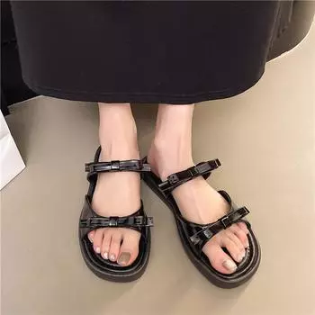 Fashion casual double bow outer slippers women s 2025 summer new fashion casual one-word beach sandals 35 чёрный