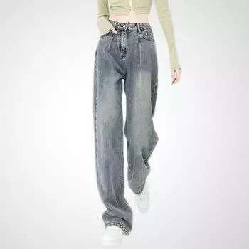 Fashion Casual Elegance Retro High Waist Extra Long Jeans Cowboy Blue 2XL