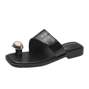 Fashion Casual Golden Flat Slippers for Women Summer New Designer Retro Metal Buckle Toe Slipper Shoes Ladies 35 чёрный