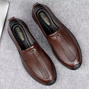 Fashion Casual Leather Shoes Men Mens Soft Driving Shoes Real Leather Sneakers Male Adult Handmade Slip on Flat Boat Shoes Man Footwear 37 коричневый