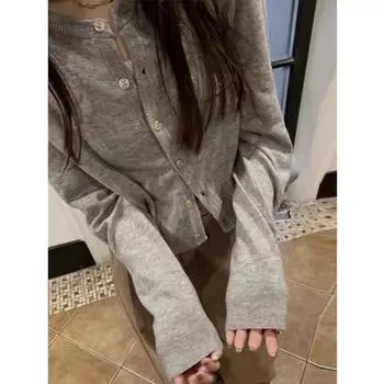 Fashion Casual Long Sleeve O-neck Knitted Cardigan Sweater Spring Autumn Loose Women Elegant Slim Fit Solid Color Top Office Thin Simple Short Coat One Size