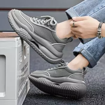 Fashion Casual Men Hollow Sole Running Shoe Leather Mesh Breathable Height Increased Flat Platform Shoes 39