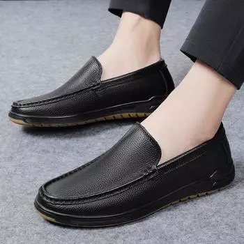 Fashion Casual Men loafers slip on genuine Leather Shoes Luxury Brand Slip on Formal Loafers Moccasins Italian Black Male Driving Flats 6.5 чёрный