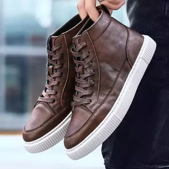 Fashion Casual Men s Leather Shoes Quality High top Brown Shoes Men Comfort Skateboard Sneakers Men Moccasins chaussure hommes 39