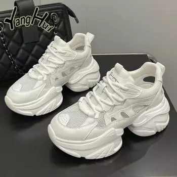 Fashion Casual Mesh Surface Thick Bottom Elevated Increase Hollow Out Sneakers 2024 New Fashion All-match Simple Woman Shoes Summertime 35 белый