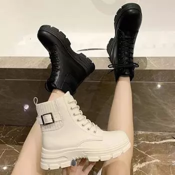 Fashion Casual Muffin Bottom Lace-up Inside Increase Boots 2024 New Women s Platform White Boots for Women 35 бежевый