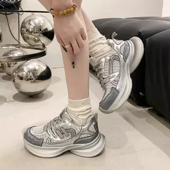 Fashion Casual Sneakers Women 2024 Synthetic Leather Mixed Colors Thick Sole Lace-up Breathable Sports Shoes Ladies Platform Dad Shoes 35 розовый