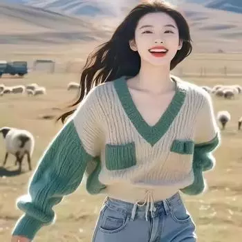 Fashion casual stitching V-neck women s pullover sweater, loose contrast color soft waxy thick knitted top 7036# One Size