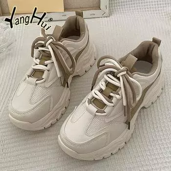 Fashion Casual Thick Bottom Elevated Increase Breathable Sneakers 2024 New Fashion Simple All-match Color Matching Women Shoes Spring 35 хаки