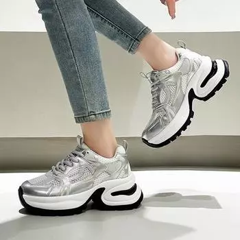 Fashion Casual Thick Sole Mesh Breathable Height Increasing Tenis Shoes Lace Up Sneakers Women Casual Thick Sole Sneakers 35-40 35 серебряный