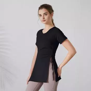 Fashion Casual Training Split Spring and Summer Short sleeve Quick-Drying Top Long Plus size Hip Covering Yoga Clothes Women Yoga Top Black S (recommended weight 40.00 kg-47.50 kg