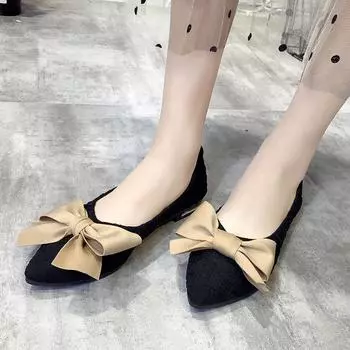 Fashion Casual Woman Shoe Bow-Knot Pointed Toe Shallow Mouth Soft Patent Leather Ballet Flats Female Footwear Butterfly Moccasin New 35 чёрный