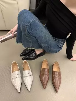 fashion Casual Women Flats Loafers Pointed Toe Autumn Dress Shoes Low Heeled Black White Brown Rhinestone Casual Mules Shoes Size 35-39 5.5 чёрный