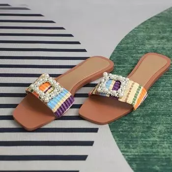 fashion Casual Women s Slippers Fashion Flat Pearl Ladies Flip Flops Travel Beach Slides with Square Buckle Design Summer Woman Shoes 37