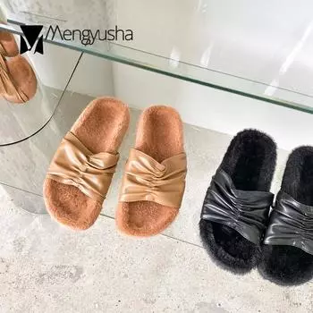 Fashion Celebrity Pu leather pleared winter slippers women warm plush fur shoes ladies add cashmere slides femme fleeces pantuflas 5 бежевый