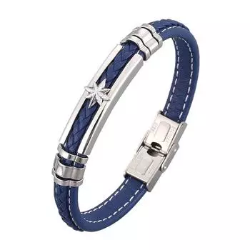 Fashion Charm Men Hand Jewelry Braided Leather Bangles Bracelets Stainless Steel Buckle Punk Rock Male Wristband BB1038 165mm синий