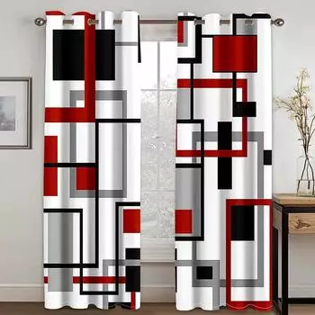 Fashion Cheap Abstract Geometric Black Red Drape Modern Window Curtains For Living Room Bedroom Kicthen Door Home Decor 2 Pieces W50 X H130(CM)X2&Hook