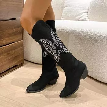 fashion Chelsea Knee High Heels Women Boots Print Pointed Toe Shoes 2025 Winter New Goth Casual Chunky Shoes Trend Fad Pumps Botas Mujer 36 чёрный