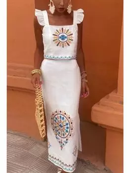 Модные шикарные комплекты из 2 предметов с открытой спиной, женские сексуальные топы с длинными рукавами + юбка с разрезом и принтом, женские элегантные лоскутные облегающие уличные костюмы L белый