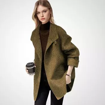 Fashion Chic Elegant Lapel Woolen Coat Women s Winter 2025 New Arrival Fancy Loose Woolen Coat Curry color M
