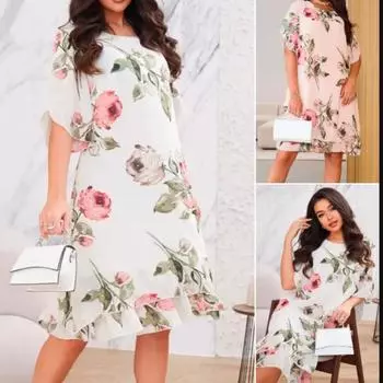 Fashion Chiffon Print Dress Women Loose Round Neck Summer Outfit M белый