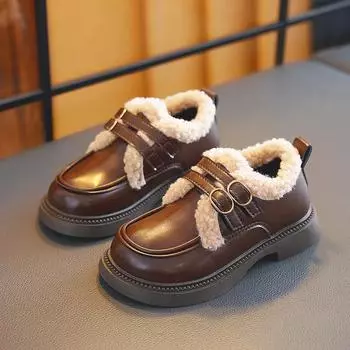Fashion Children Princess Shoes 2024 Winter Plush Kids Leather Shoes Thicken Warm Toddlers Girls Casual Cotton Shoes Black Brown 26 чёрный