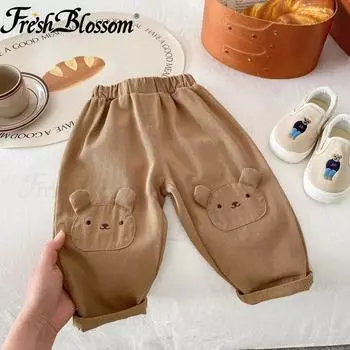 Fashion Children s Bear Casual Pants Girls Super Cute Solid Color Pants 100 хаки