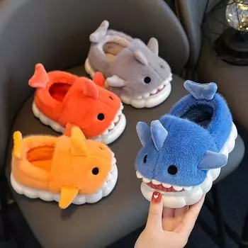 Fashion Children s Winter Heel Wrap Cotton Slippers Cute Cartoon Shark Non-slip Soft Sole Kids Boys Girls Junior Warm Plush Home Shoes 24-25(inner 15cm) синий