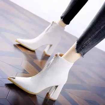 Fashion Chunky High Heel Boots Women s New Korean Style Autumn Mid Heel Stretch Thin Boots Round Toe Sock Boots Zip Women Shoes 2024 35