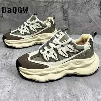 Fashion Chunky Sneaker Men Designer Air Cushion Board Shoes Fashion Casual Genuine Leather Cowhide Upper Height Increased Platform Shoes 38 хаки