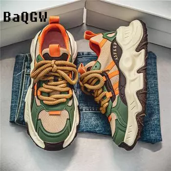 Fashion Chunky Sneakers Men Soft Sole Running Shoes Fashion Casual Leather Color Block Design Breathable Height Increased Platform Shoes 39