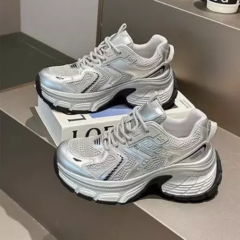 Fashion Chunky Sneakers Women Breathable Genuine Leather Mesh Solid Color Lace-up Thick Sole Casual New Fashion Sports Women s Shoes 35 серебряный серый