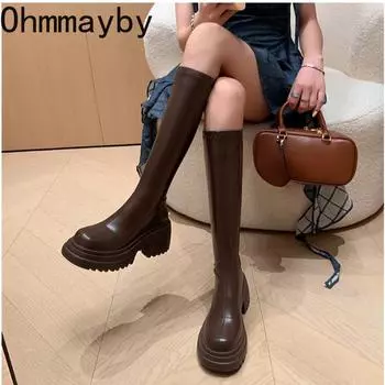 модные женские сапоги до колена, модные сапоги с застежкой-молнией сзади, на платформе и каблуке, длинные сапоги в стиле ретро, осенне-зимняя женская обувь Size 35(foot 22.5cm) коричневый