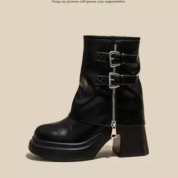 Fashion Chunky Women Short Boots Fashion Side Zippers Platform High Heels Motorcycle Booties Retro Style Autumn Winter Female Shoes 2024 35 чёрный