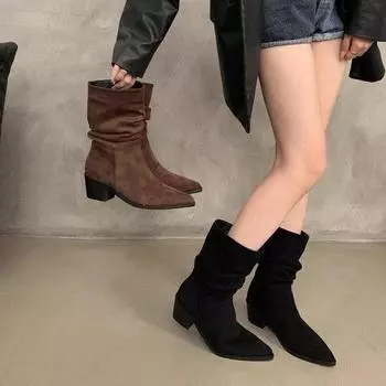 Fashion Chunky Women Snow Mid Calf Boots Leather Designer Heels Shoes Woman 2024 Trend Chelsea Boots Winter Walking New Cozy Mujer Botas 35 чёрный