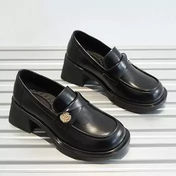 fashion Classic British Style Women s Pumps 2024 Spring New Arrival Pointed Toe Low Heeled Leather Shoes 35 чёрный