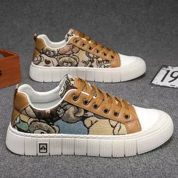 Fashion Classic Brown Bear Print Men s Canvas Shoes Low-top Sneaker Men Light Breathable Casual Sneakers Man Lace-up Vulcanized Shoes 39