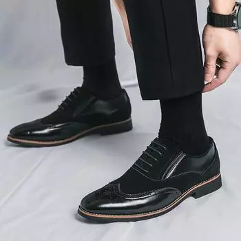 Fashion Classic Leather Shoes for Men Lace Up Pointed Oxfords Formal Wedding Party Office Business Casual Brogues Dress Shoes for Male 38 чёрный