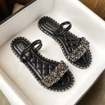 Fashion Classic Luxury Sandals 2024 Women s Summer Top Selling Flat Fairy Style Fashion Outwear High Quality Slippers in Large Sizes 43 34 чёрный