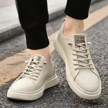 Fashion Classic Mens Breathable Sneakers Genuine Leather Men Casual Shoes All-match Lace-Up Men s Walking Shoes Men Antiskid Footwear 38 бежевый