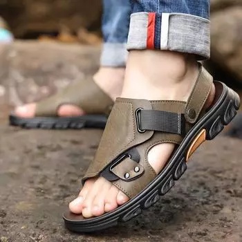 Fashion Classic Mens Sandals Slip On Summer Leather Sandals Slippers Men Outdoor Casual Lightweight Sandals Black Water Shoes Sandalias 38