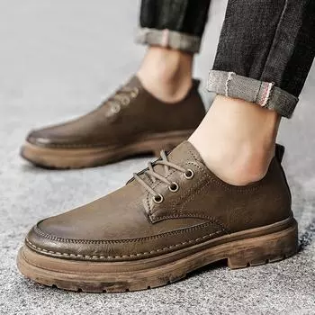 Fashion Classic Retro Round Head Mens Shoes Casual Driving Shoes Genuine Leather Lace Up Shoes Men’s Thick Soled Business Dating Loafers 39 хаки