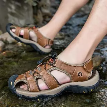 Модные классические сандалии для мужчин, летние качественные пляжные туфли из натуральной кожи, сандалии с эластичной резинкой, мужские нескользящие сшитые вручную мужские походные сандалии 38 синий