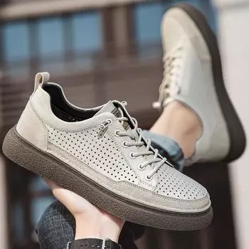 Fashion Classic Skate Shoes Men Genuine Leather Men s Casual Shoes New Lace-Up Mens Sneakers Outdoor Male Breathable Driving Footwear 37 коричневый