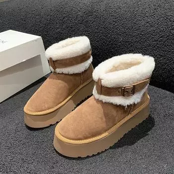 Fashion Classic Thickened Fluff Women s Snow Boots 2024 Belt Buckle Comfortable Warm Ankle Boots Women Winter Ladies Shoes Chunky Botas 35 коричневый