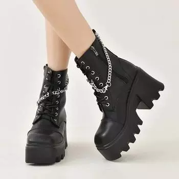 Fashion Classical Lace Up Womens Ankle Boots Platform Chain Decoration Zipper Anti Slip Thick Bottom Motorcycle/Gothic Shoes Size 35-43 35