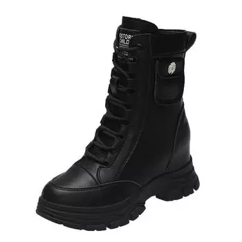 Fashion Classics Girl High Heels 7.5CM Thick Heel Ankle Boots Chunky Boots Autumn Winter Leather Woman Punk Boots High Platform Sneakers 34 чёрный